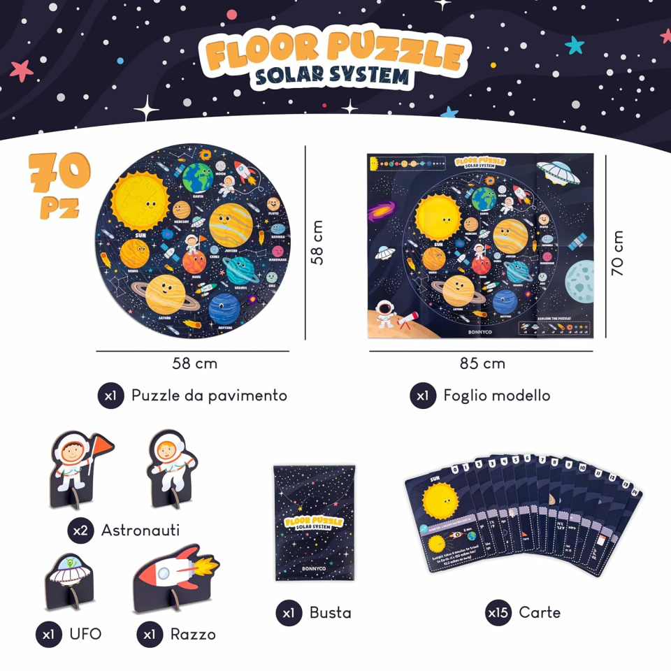 BONNYCO Puzzle Sistema Solare XXL 70 Pezzi per Bambini