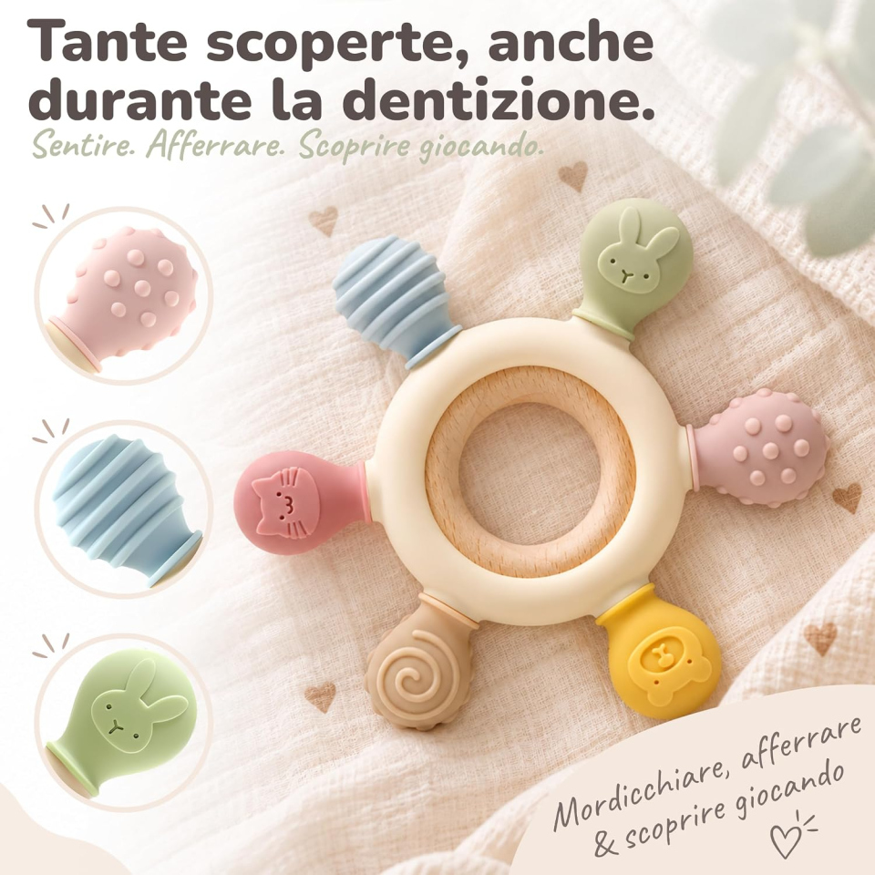 CAJA anello dentizione neonato in silicone e legno