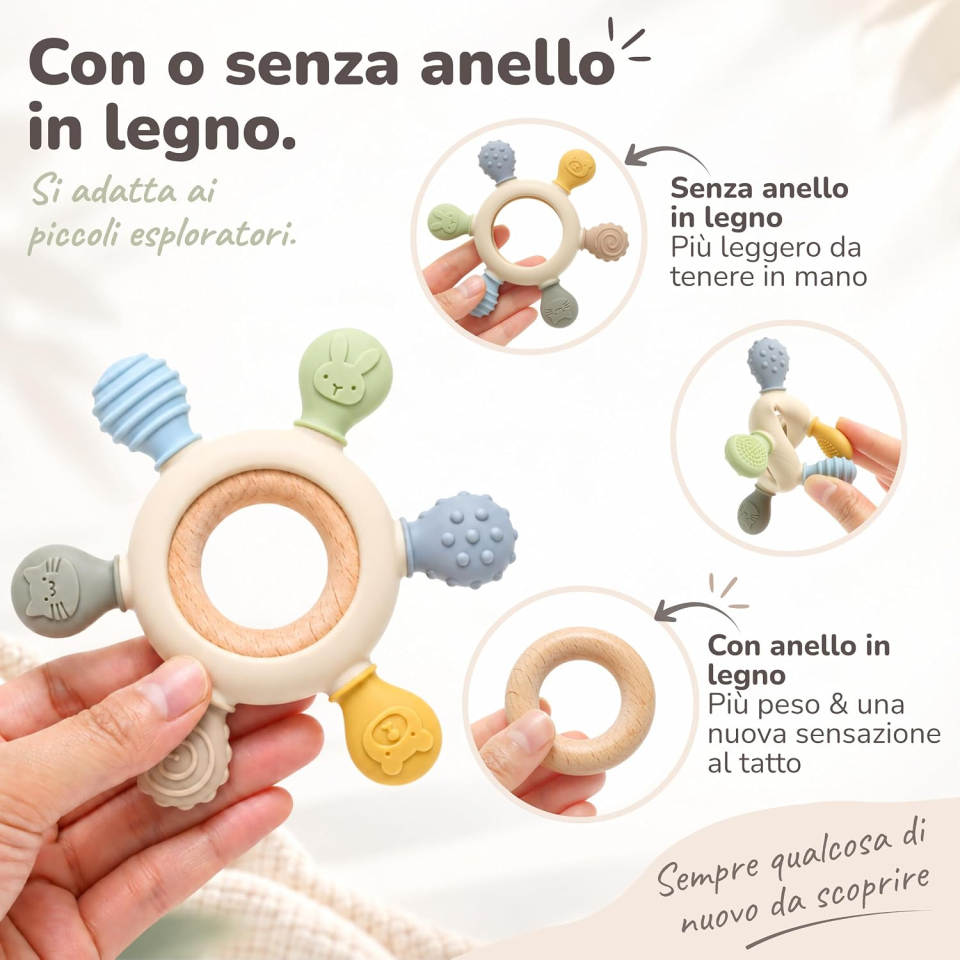 CAJA anello dentizione neonato in silicone e legno