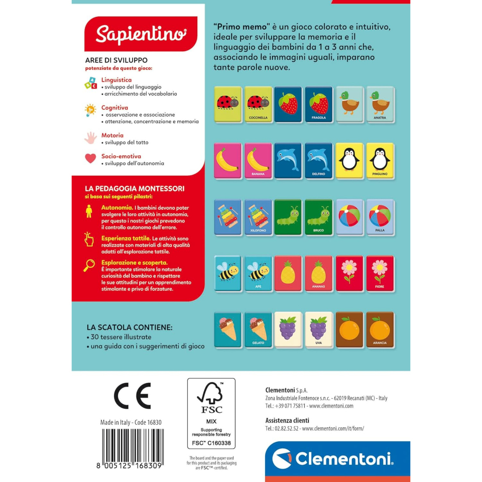 Clementoni Sapientino Baby Montessori – Carte Primo Memo Tattili 1-3 Anni