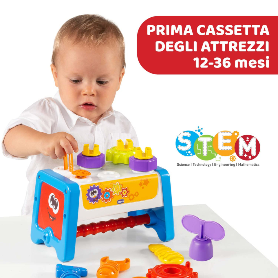 Chicco Cassetta degli Attrezzi 2 in 1 – Banco da Lavoro STEM 1-3 Anni