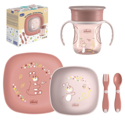 Chicco Set Pappa Svezzamento 12M+ Rosa – Piatti, Posate e Tazza 360°