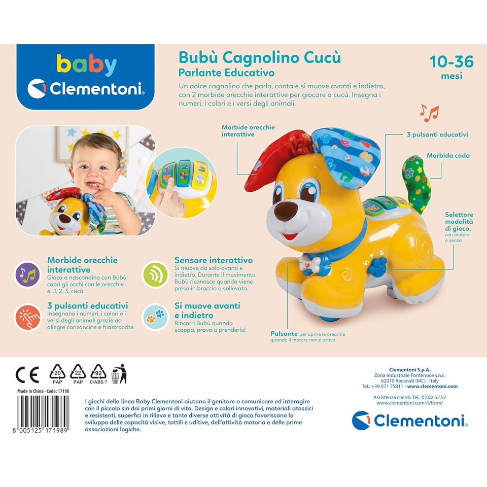 Clementoni Baby Bubù – Cagnolino Cucù Interattivo dai 10 Mesi