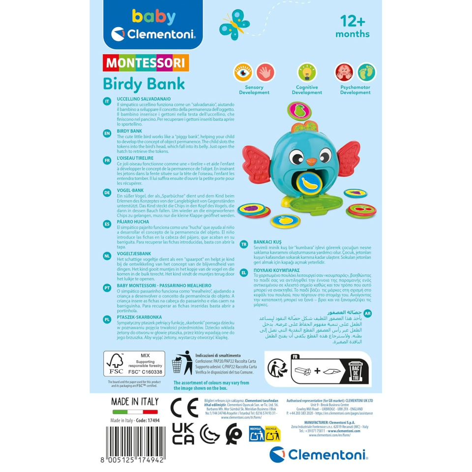Clementoni Baby Montessori Birdy Bank – Salvadanaio Uccellino con Gettoni