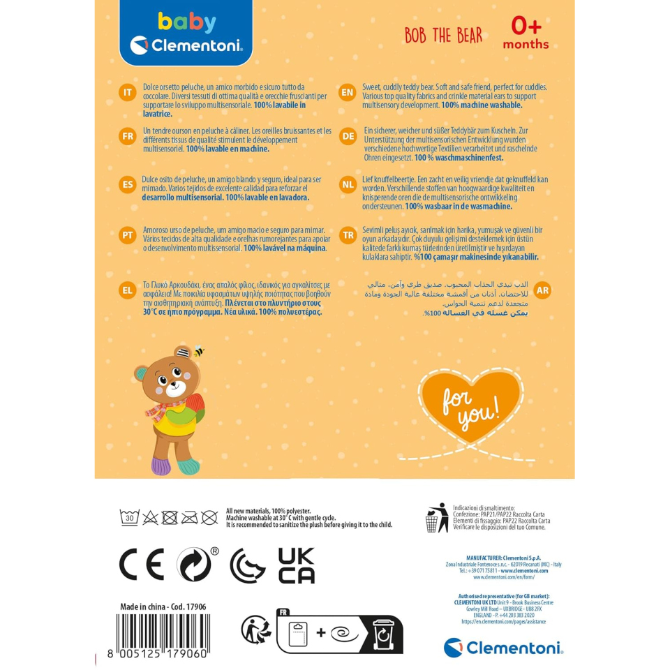 Clementoni Bob The Bear – Peluche Sensoriale per Neonati 0-36 Mesi