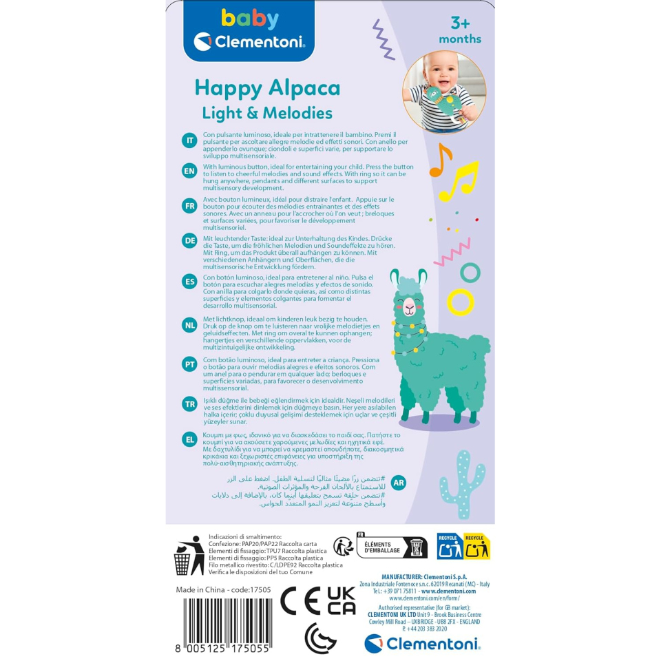 Clementoni Baby Happy Alpaca – Sonaglio Elettronico Neonati 3+ Mesi