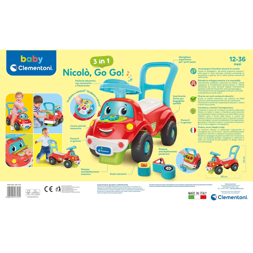 Clementoni Baby Nicolò Go Go – Cavalcabile 3 in 1 con Centro Attività