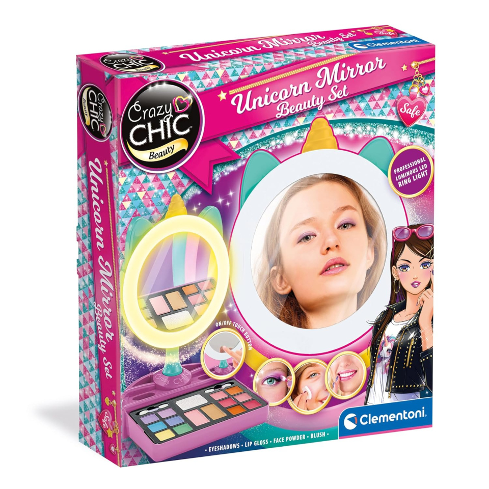 Clementoni Crazy Chic Make-up Unicorn Mirror – Trousse Trucchi Lavabili con Ring Light