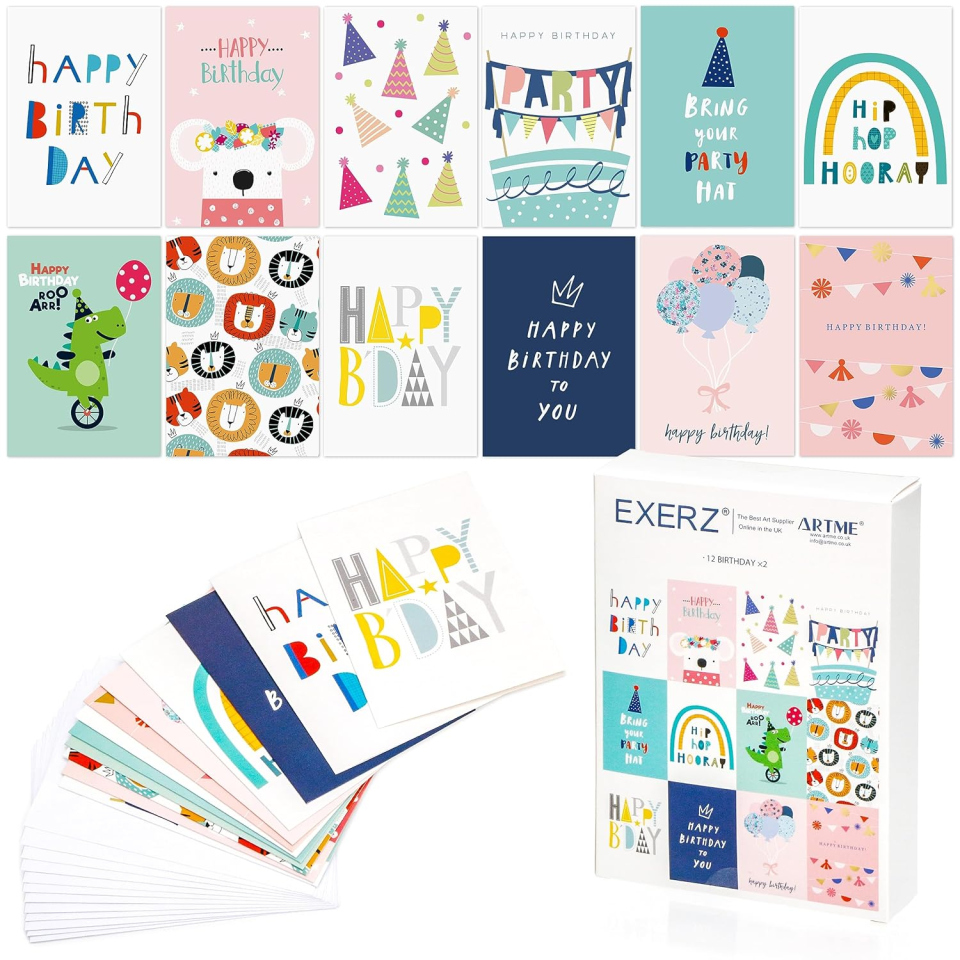 Exerz biglietti auguri compleanno assortiti, 24 pezzi con buste