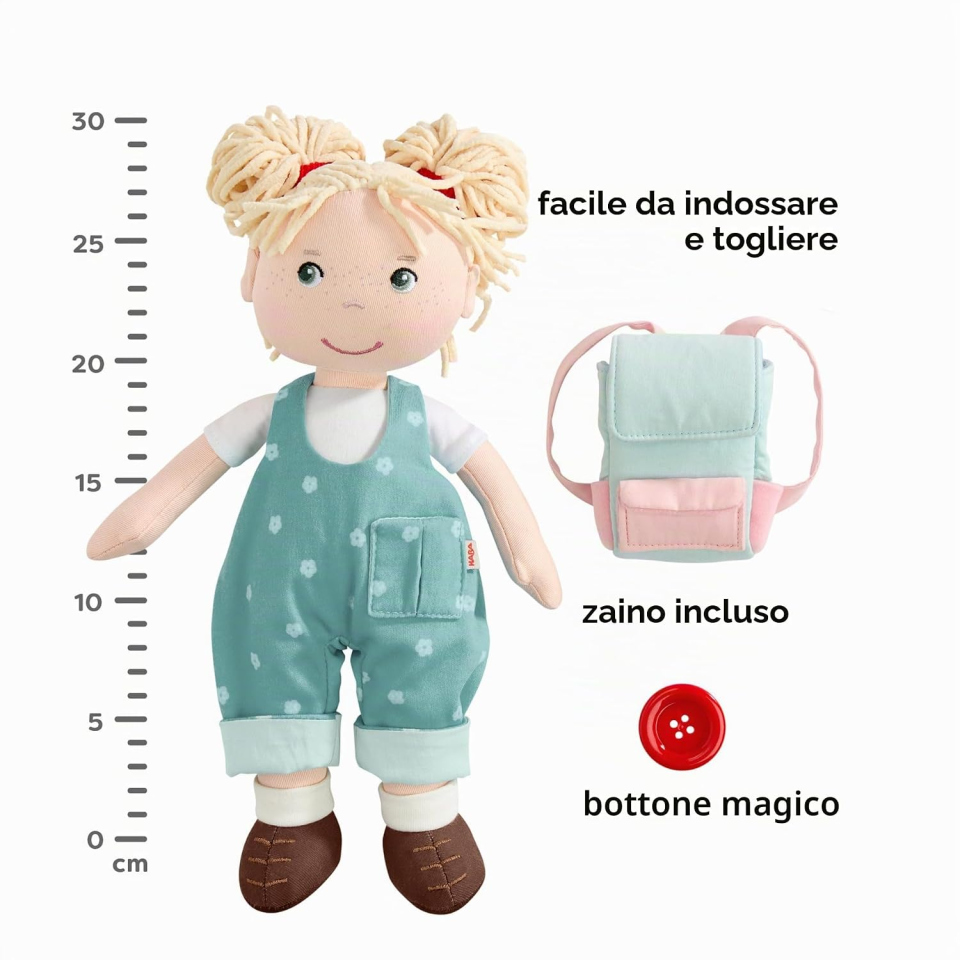 HABA Tilli – Bambola di Stoffa 30 cm con Zaino e Bottone Magico