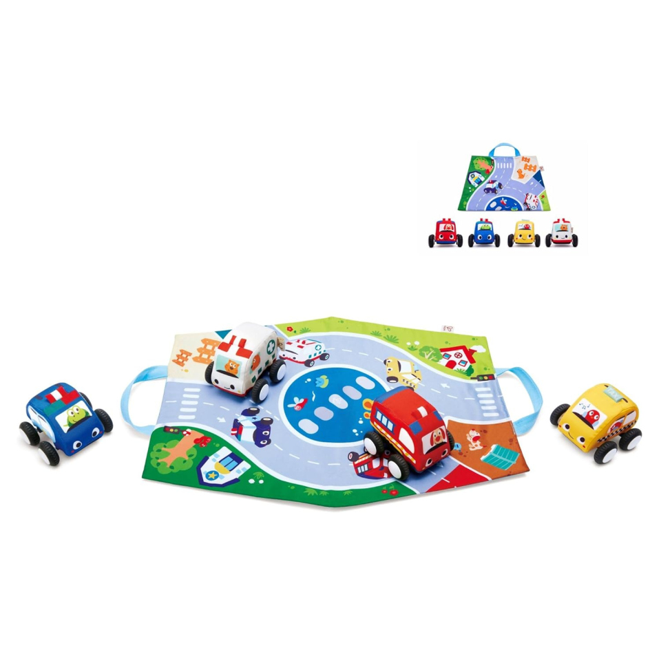 Hape Set Auto di Peluche Pull-Back con Tappetino Gioco