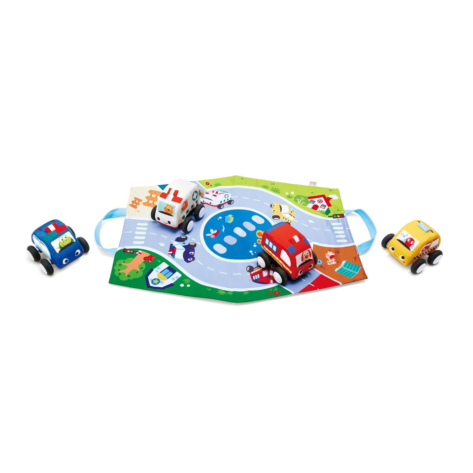 Hape Set Auto di Peluche Pull-Back con Tappetino Gioco