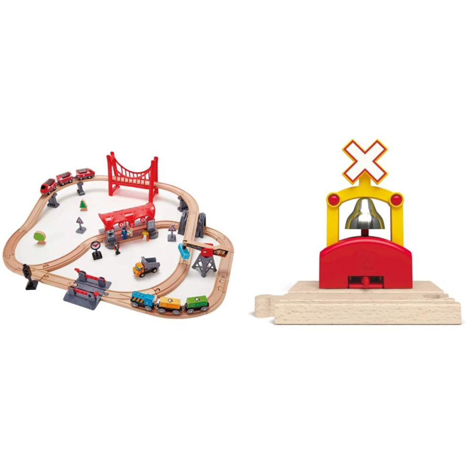 Hape Pista Città Trafficata con Trenini in Legno e Campanella Automatica