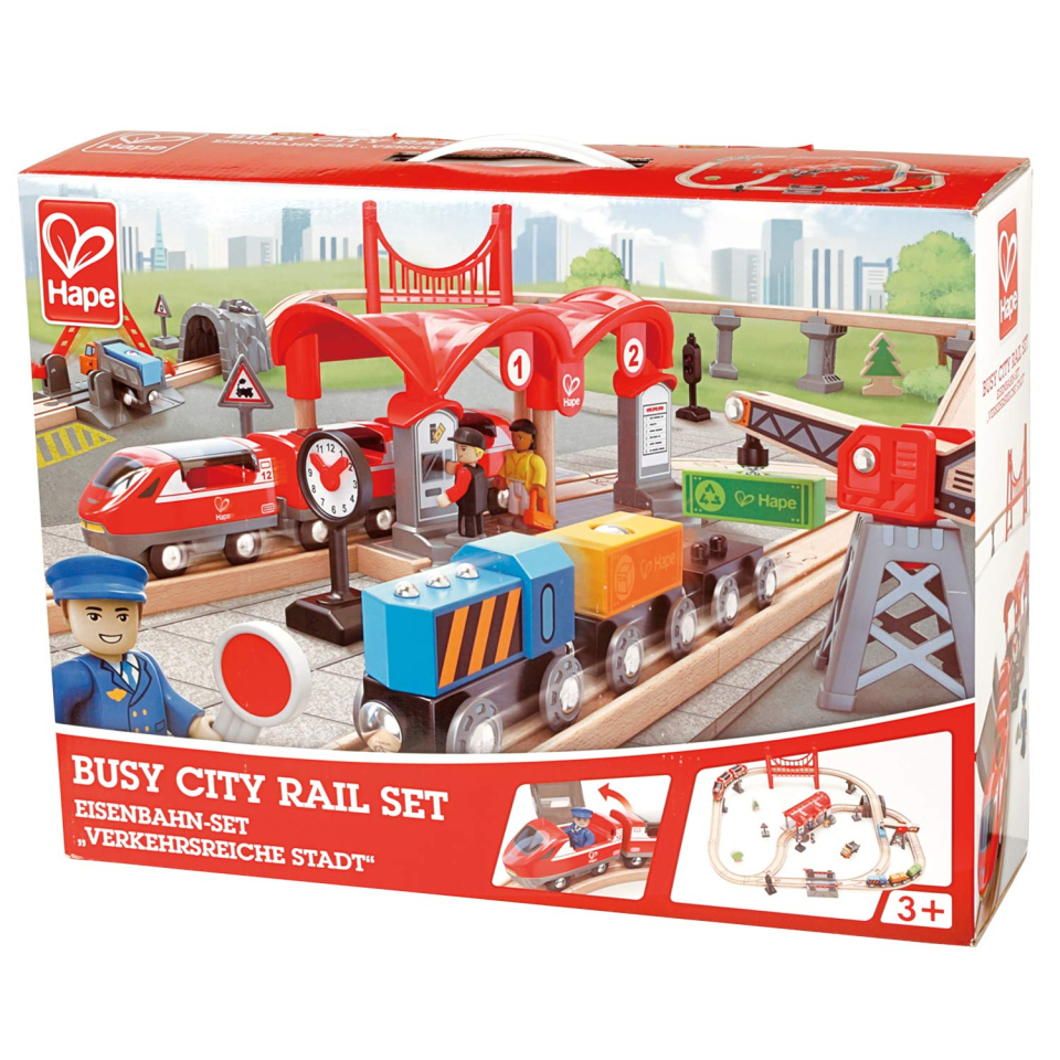 Hape Pista Città Trafficata con Trenini in Legno e Campanella Automatica