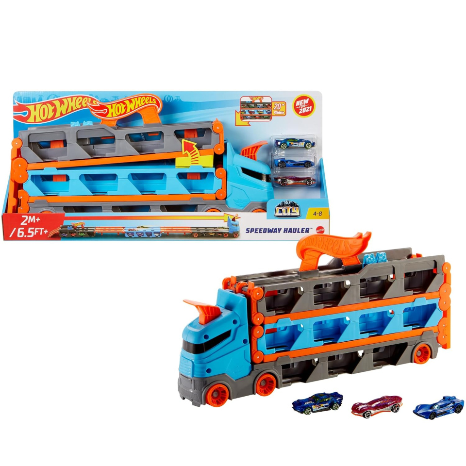 Hot Wheels Speedway Hauler – Camion Trasportatore e Pista 2 in 1 con 3 Auto