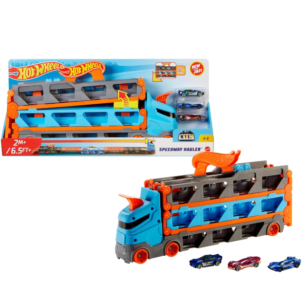 Hot Wheels Speedway Hauler – Camion Trasportatore e Pista 2 in 1 con 3 Auto