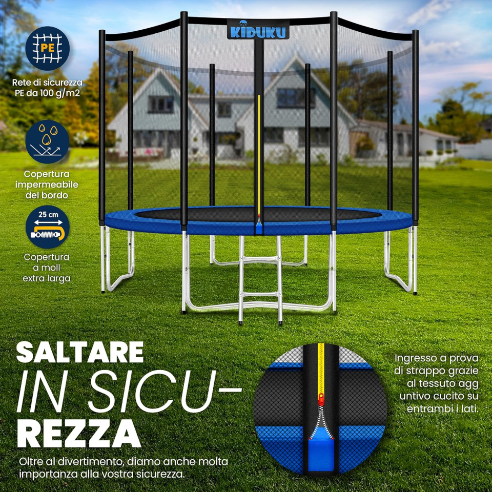 KIDUKU Trampolino elastico 305 cm con rete di sicurezza