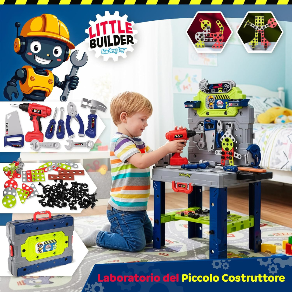 Kinderplay banco attrezzi giocattolo 2 in 1, 132 pezzi