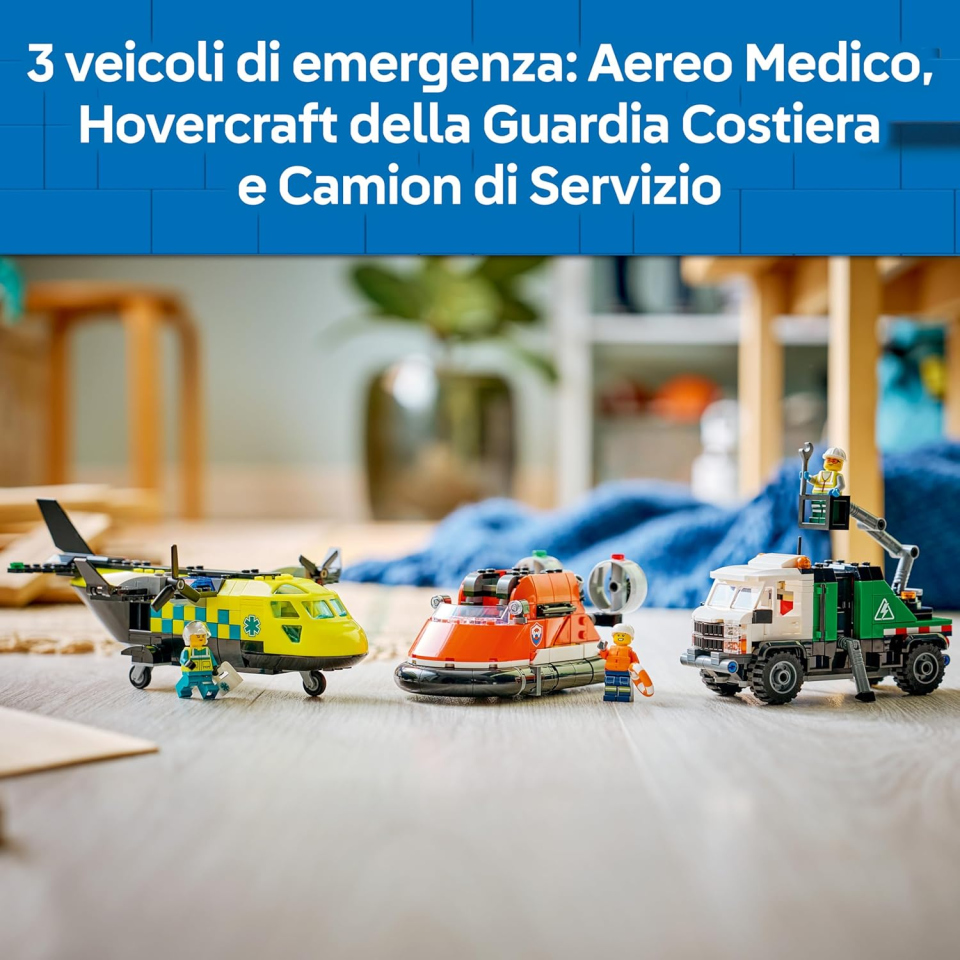 LEGO City 60505 – Set 3 in 1 Aereo, Camion e Hovercraft di Soccorso