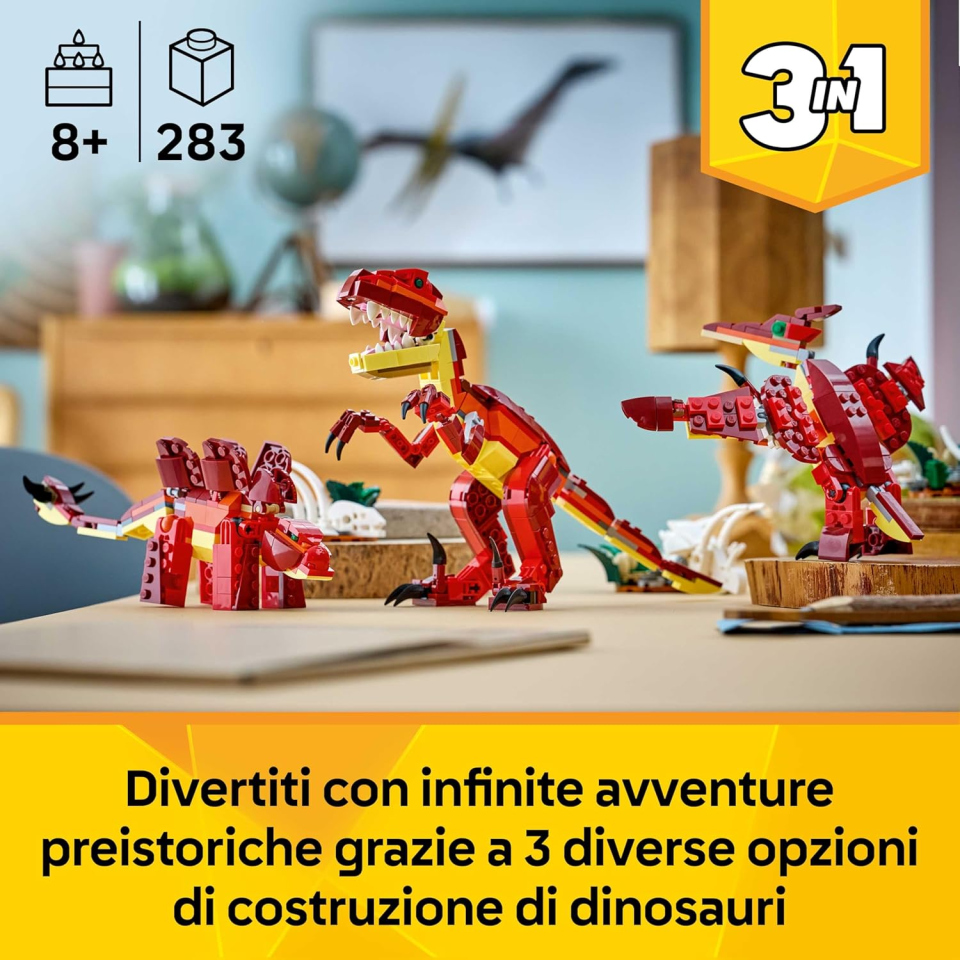 LEGO Creator 3in1 Feroce Dinosauro – Velociraptor, Stegosauro e Pterosauro 31379