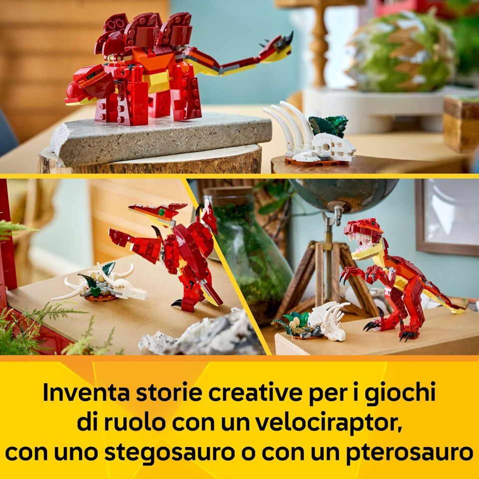 LEGO Creator 3in1 Feroce Dinosauro – Velociraptor, Stegosauro e Pterosauro 31379
