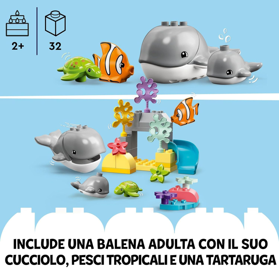 LEGO DUPLO Animali dell'Oceano 10972 – Set con Balena, Tartaruga e Tappetino Marino