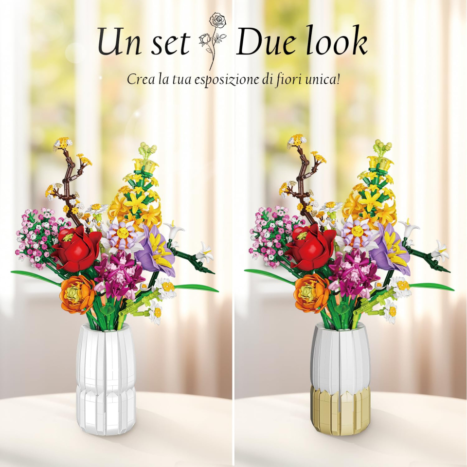 Mavo Brix – Bouquet di Fiori con Vaso Bicolore, 1458 Pezzi
