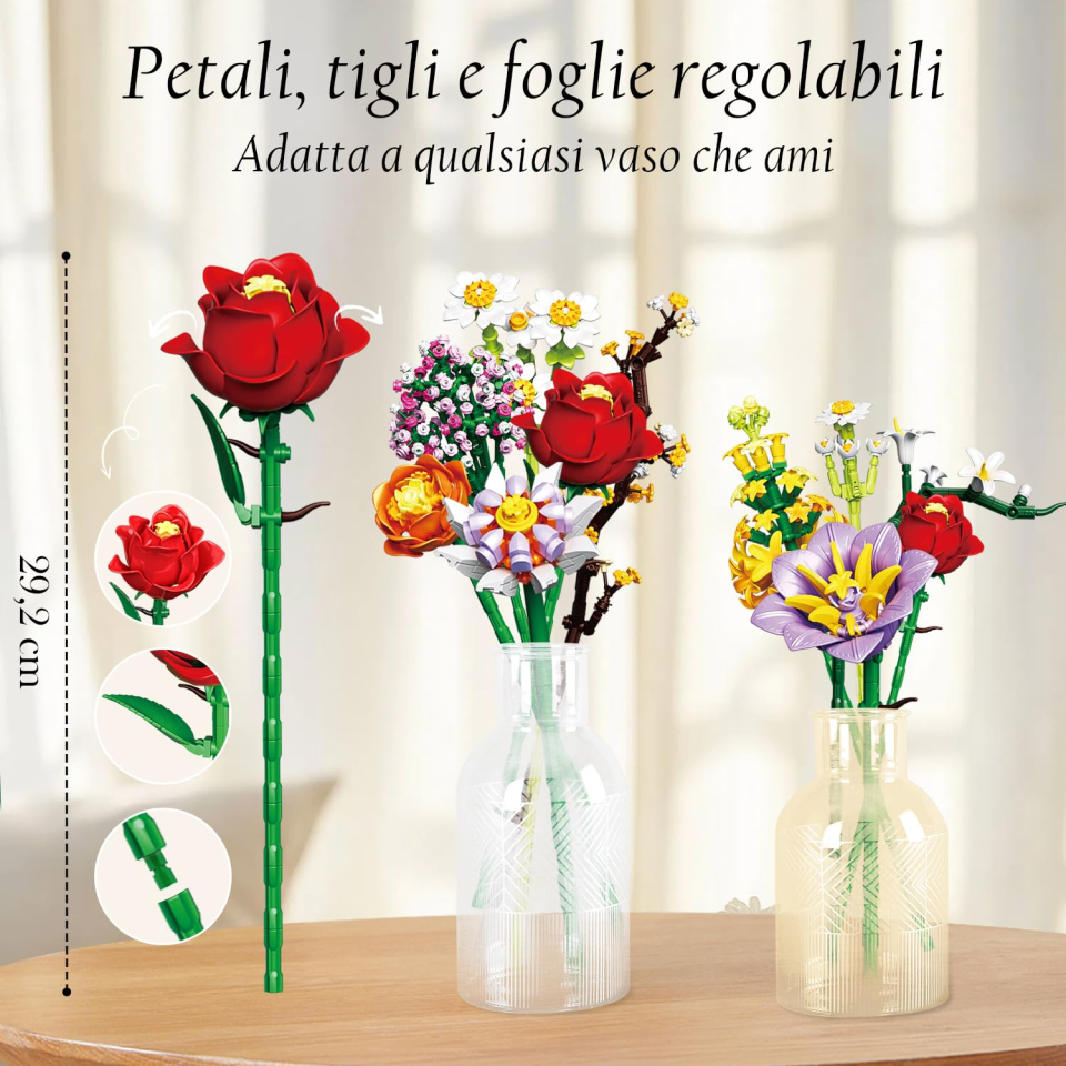 Mavo Brix – Bouquet di Fiori con Vaso Bicolore, 1458 Pezzi