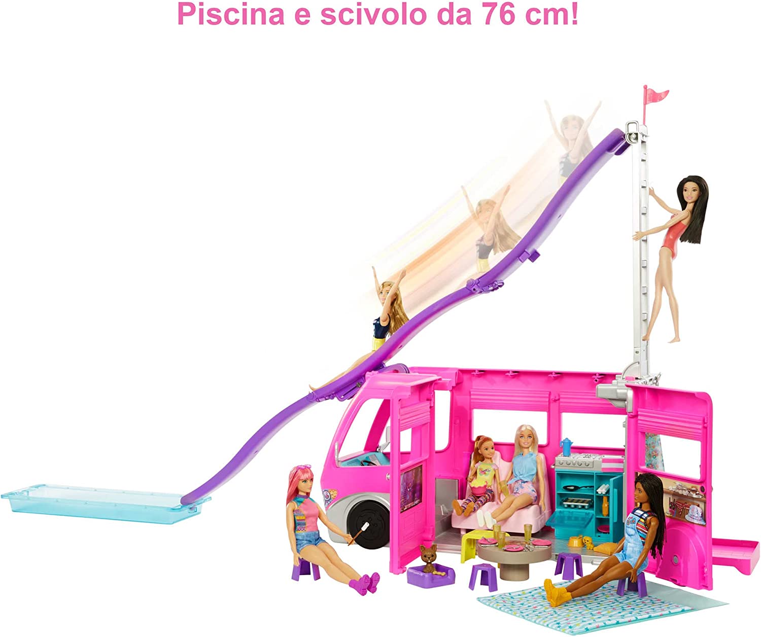 Barbie Camper dei Sogni - Trasformabile con Scivolo e Piscina e 60 Accessori - Mattel - immagine 3