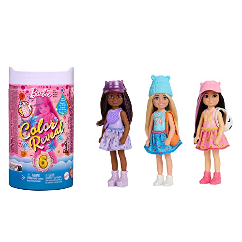 Barbie Chelsea Color Reveal Serie Sport, Mini Bambola con 6 sorprese, Accessori Inclusi, HKT85