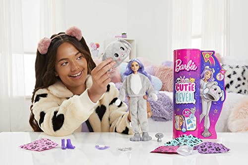 Barbie Cutie Reveal Cagnolino, Bambola con costume animali e 10 sorprese, HHG21