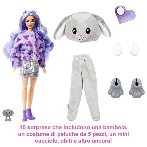 Barbie Cutie Reveal Cagnolino, Bambola con costume animali e 10 sorprese, HHG21