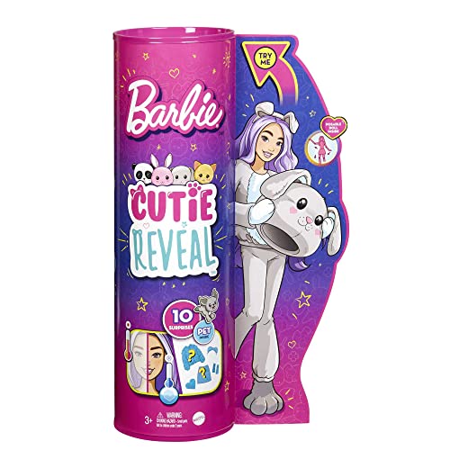 Barbie Cutie Reveal Cagnolino, Bambola con costume animali e 10 sorprese, HHG21