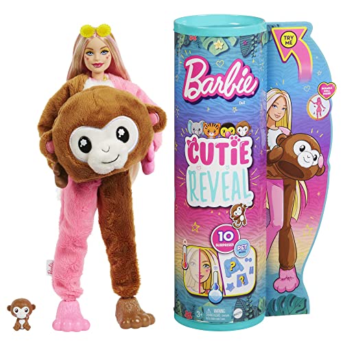 Barbie Cutie Reveal Scimmia, Bambola con costume da scimmietta e 10 sorprese, HKR01
