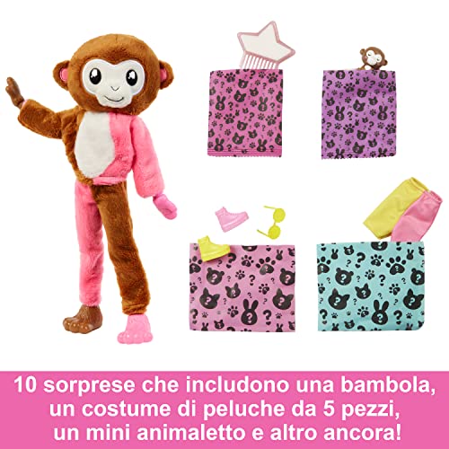 Barbie Cutie Reveal Scimmia, Bambola con costume da scimmietta e 10 sorprese, HKR01