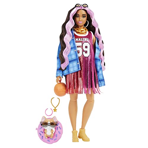Barbie Extra Bambola Fashion n.13 con abito stile Basket, Shorts e cucciolo