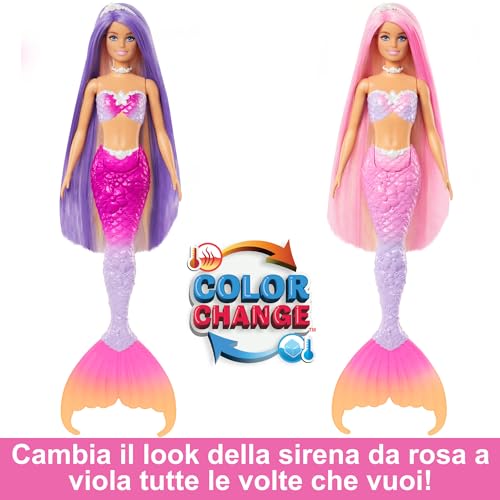 Barbie Malibu Sirena che Cambia Colore in Acqua, Cucciolo di Delfino incluso, HRP97