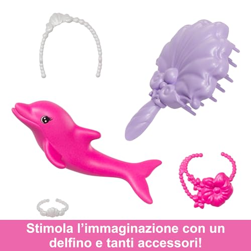 Barbie Malibu Sirena che Cambia Colore in Acqua, Cucciolo di Delfino incluso, HRP97