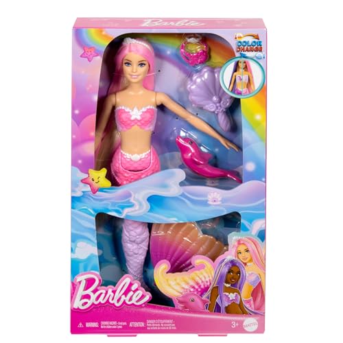 Barbie Malibu Sirena che Cambia Colore in Acqua, Cucciolo di Delfino incluso, HRP97