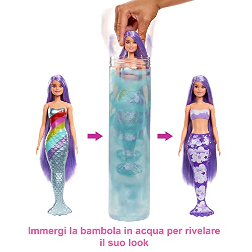 Barbie Sirena Color Reveal, Bambola Sirena Arcobaleno con 7 Sorprese