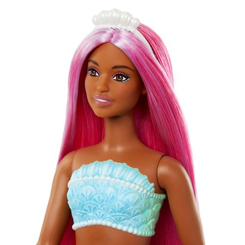 Barbie Sirena, silhouette Curvy con Corpetto simile alle Conchiglie e Coda Tropicale, HRR04
