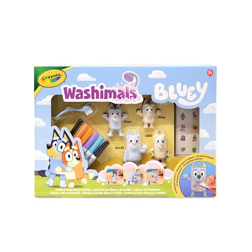 Crayola Washimals Bluey, Set di Attività con Adesivi e 4 cuccioli, 6 Pennarelli Lavabili - Gioco creativo per Bambini da 3 anni in su - 74-0253