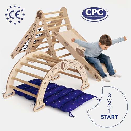 Goodevas Apollo Space 5 in 1 - Set da arrampicata per bambini da interno – Attrezzo da gioco in legno Montessori ispirato alla NASA per bambini da 1 a 7 anni