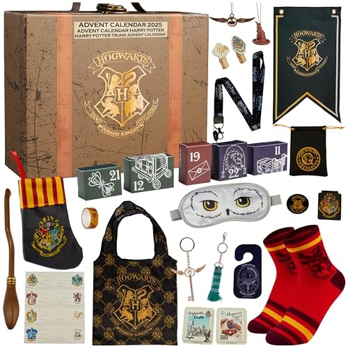 Harry Potter Calendario dell'Avvento 2025 -  Cancelleria, Accessori per Capelli, Penne e Gioielli  (Custodia Marrone)