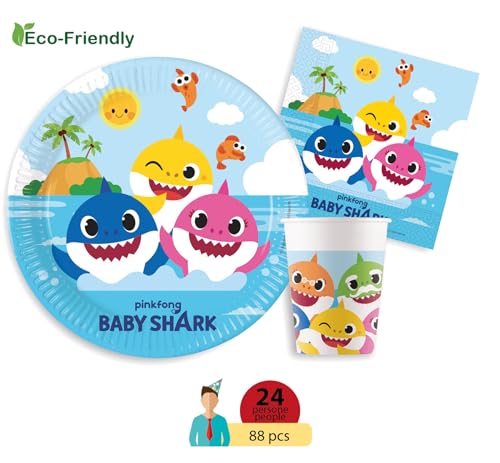 Kit Party Tavola Baby Shark per 24 Persone, in carta compostabile eco-friendly