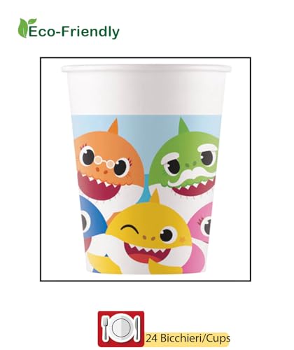 Kit Party Tavola Baby Shark per 24 Persone, in carta compostabile eco-friendly