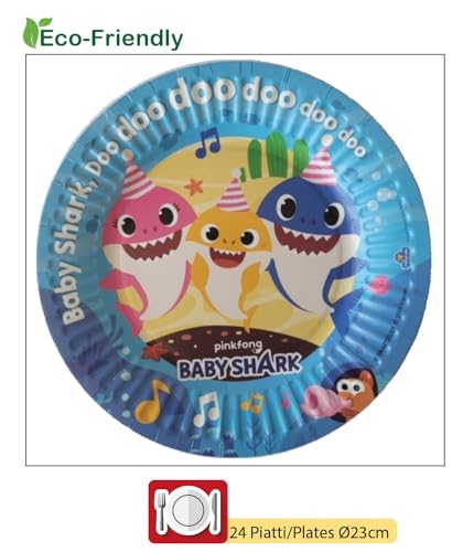 Kit Party Tavola Baby Shark per 24 Persone, in carta compostabile eco-friendly