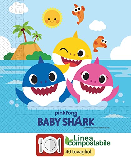 Kit Party Tavola Baby Shark per 24 Persone, in carta compostabile eco-friendly