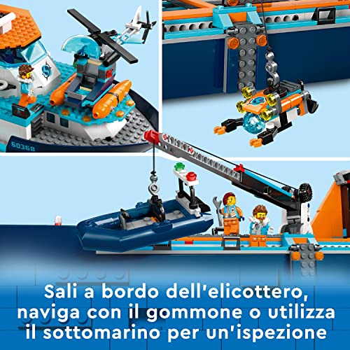 LEGO 60368 City Esploratore Artico, Nave Giocattolo Galleggiante con Elicottero