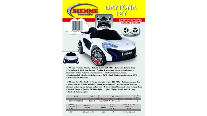 Macchina Elettrica per Bambini Daytona Bianca 12V - Biemme